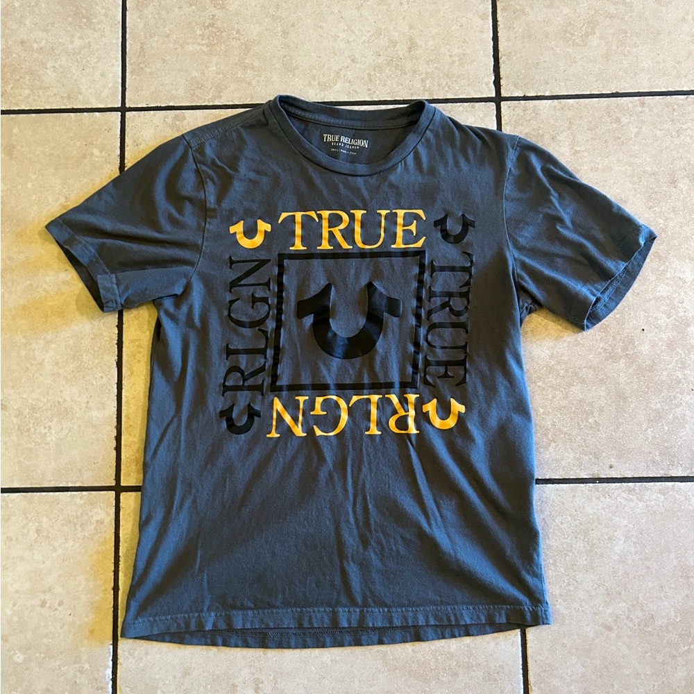 True Religion Gray and Yellow Graphic Tee Short Sleeve